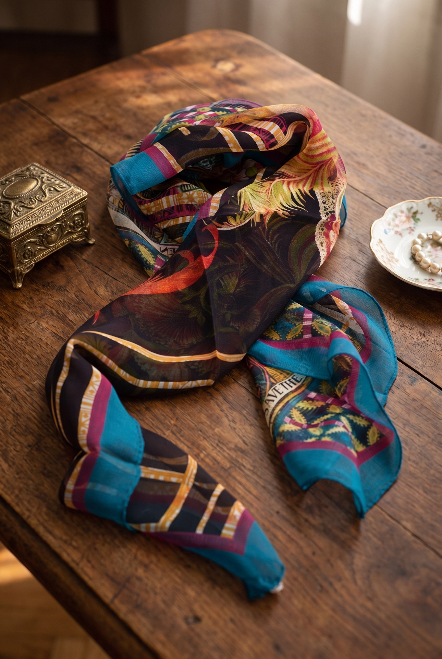 08SSQ7243_A_studio Foulard in crepon di seta con orlo roulotté, caratterizzato da una vivace stampa floreale su sfondo scuro, posato su un tavolo di legno.