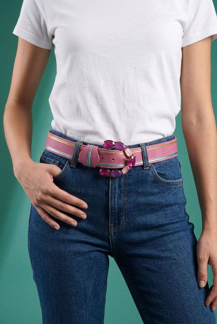 14SSQ8690_A_model Cintura rosa in vera pelle con fibbia decorata e pietre sintetiche, indossata da una donna in t-shirt bianca e jeans blu, su sfondo verde.