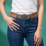 Cintura in vera pelle marrone con fibbia logata, indossata da una donna con una maglietta bianca e jeans blu, su sfondo verde.