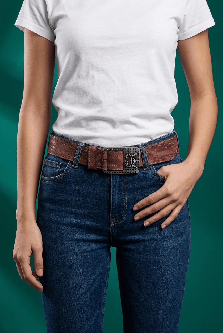 09WSQ7784_A_model Cintura in vera pelle con maxi fibbia indossata da una donna, abbinata a una t-shirt bianca e jeans blu, su sfondo verde.