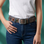 Cintura in vera pelle con bottoni smaltati e maxi fibbia logata indossata da una donna con t-shirt bianca e jeans blu, su sfondo verde.
