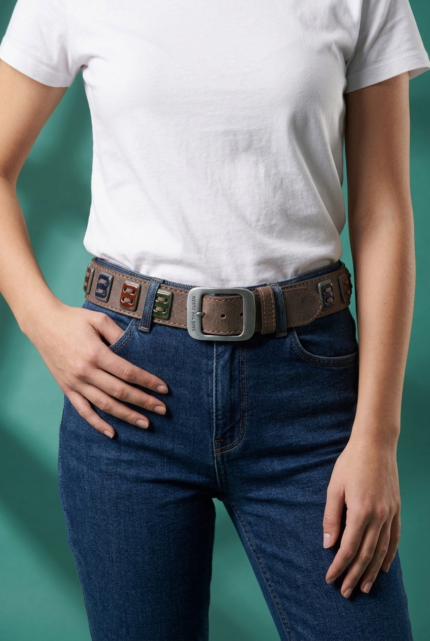 Cintura in vera pelle con bottoni smaltati e maxi fibbia logata indossata da una donna con t-shirt bianca e jeans blu, su sfondo verde.
