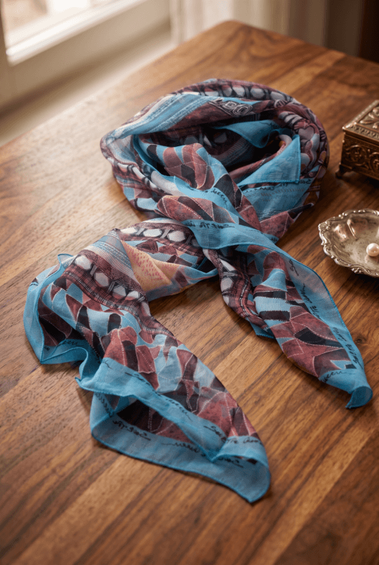 Foulard in crepon di seta con orlo roulotté e stampa colorata, appoggiato su un tavolo di legno, ideale per aggiungere un tocco elegante a qualsiasi outfit.