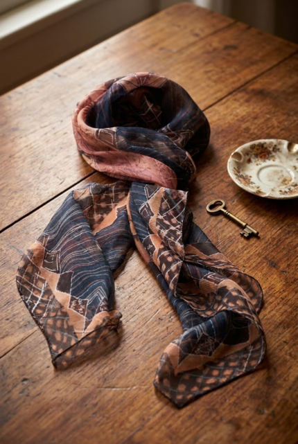 Foulard in crepon di seta con orlo roulotté, caratterizzato da una stampa geometrica in tonalità blu, marrone e rosa, posato su un tavolo di legno accanto a una chiave e un piattino decorativo.