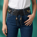 Ceinture noire en cuir véritable avec décorations