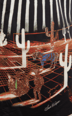 Dessin artistique représentant un paysage désertique avec des cactus, des figures humaines et des animaux, avec des couleurs vives et des textures complexes. Idéal pour illustrer la fusion de la nature et de l'art.