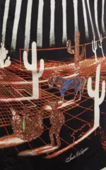 Design artistico che rappresenta un paesaggio desertico con cactus, figure umane e animali, caratterizzato da colori vivaci e trame intricate. Ideale per illustrare la fusione tra natura e arte.