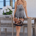 Ragazza elegante in abito attillato a righe bianche e nere con dettagli decorativi, posizionata accanto a un tavolo all'aperto, mentre un vaso di fiori bianchi è visibile sullo sfondo. L'abito presenta un motivo ispirato al deserto con cactus e figure stilizzate.
