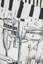 Dettaglio di un tessuto con motivi grafici in bianco e nero, raffigurante alberi e elementi naturali, ideale per abbigliamento moderno e creativo.