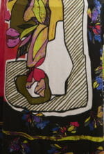 Tissu artistique aux motifs floraux vivants et aux figures stylisées, avec des couleurs vives et des lignes géométriques. Idéal pour la mode et la décoration d'intérieur.