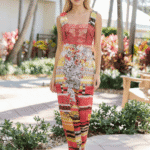 Modella che indossa un abito lungo e colorato con dettagli floreali, mentre posa in un ambiente all'aperto con piante e alberi. L'abito presenta una parte superiore in pizzo rosso e un design vivace.
