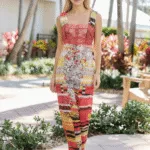 Modella che indossa un abito lungo e colorato con dettagli floreali, mentre posa in un ambiente all'aperto con piante e alberi. L'abito presenta una parte superiore in pizzo rosso e un design vivace.