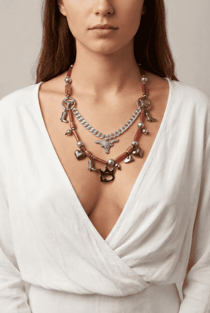 Collana di design unico indossata da una donna, composta da elementi metallici e perline rosse, con charm a forma di cuore, stivale e simboli vari, su sfondo neutro.
