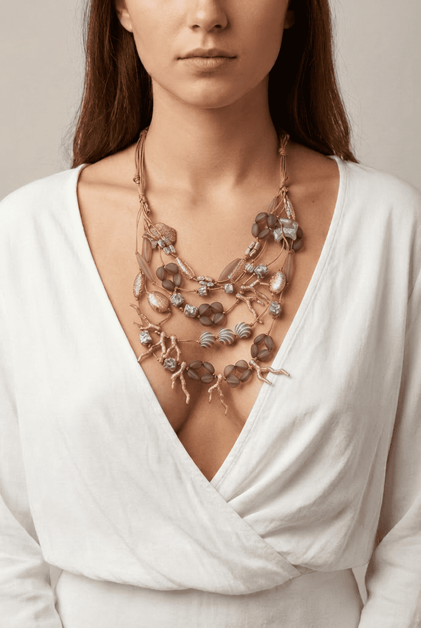 13SSNL922_model Collana elegante e multi-strato indossata da una donna con maglietta bianca, caratterizzata da perline e dettagli in tonalità neutre. L'accessorio aggiunge un tocco di stile e raffinatezza al look.