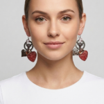 Orecchini a forma di cuore rossi e argento indossati da una donna, con un top bianco, su sfondo grigio chiaro. Accessorio di moda che aggiunge un tocco elegante e moderno al look.