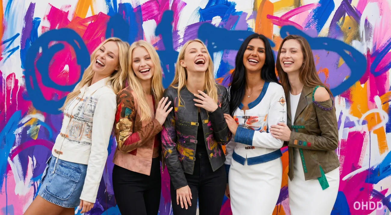 Cinque modelle sorridenti indossano giacche alla moda davanti a un muro colorato, evidenziando uno stile vivace e contemporaneo.