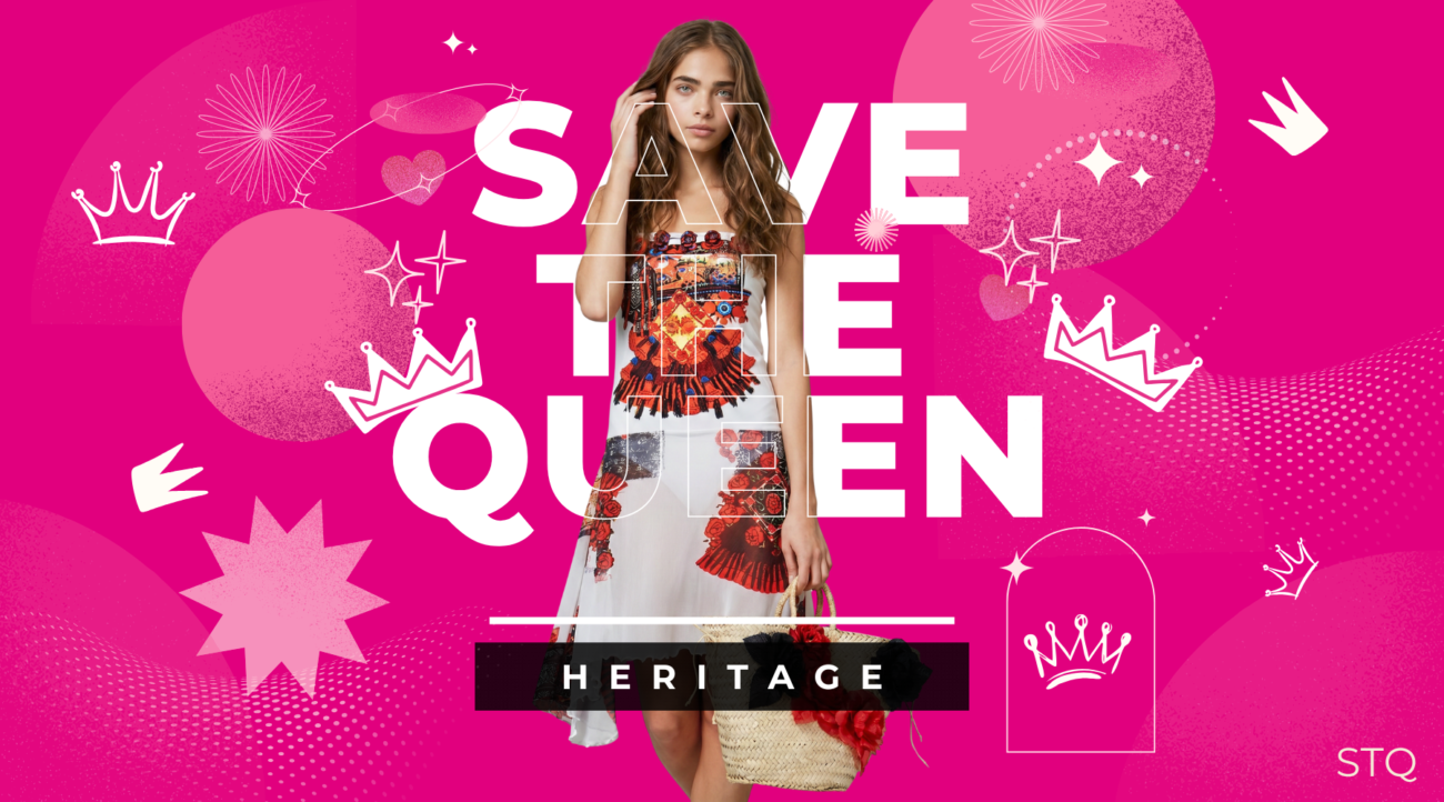 Modella che indossa un abito con dettagli floreali e frange, in un contesto vivace e colorato con elementi grafici. Il testo "SAVE THE QUEEN" e "HERITAGE" evidenzia il tema della collezione.