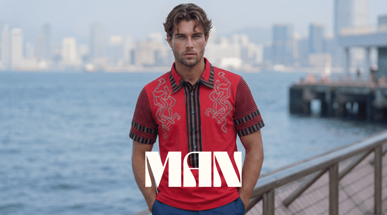 Modello maschile in camicia rossa con dettagli decorativi, posato su un molo con vista sul mare e skyline urbano sullo sfondo. Stile moderno e alla moda.