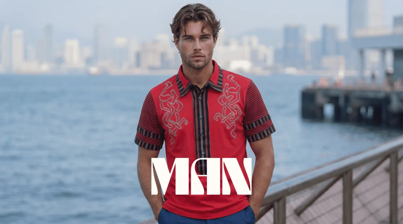 Modello maschile in camicia rossa con dettagli decorativi, posato su un molo con vista sul mare e skyline urbano sullo sfondo. Stile moderno e alla moda.